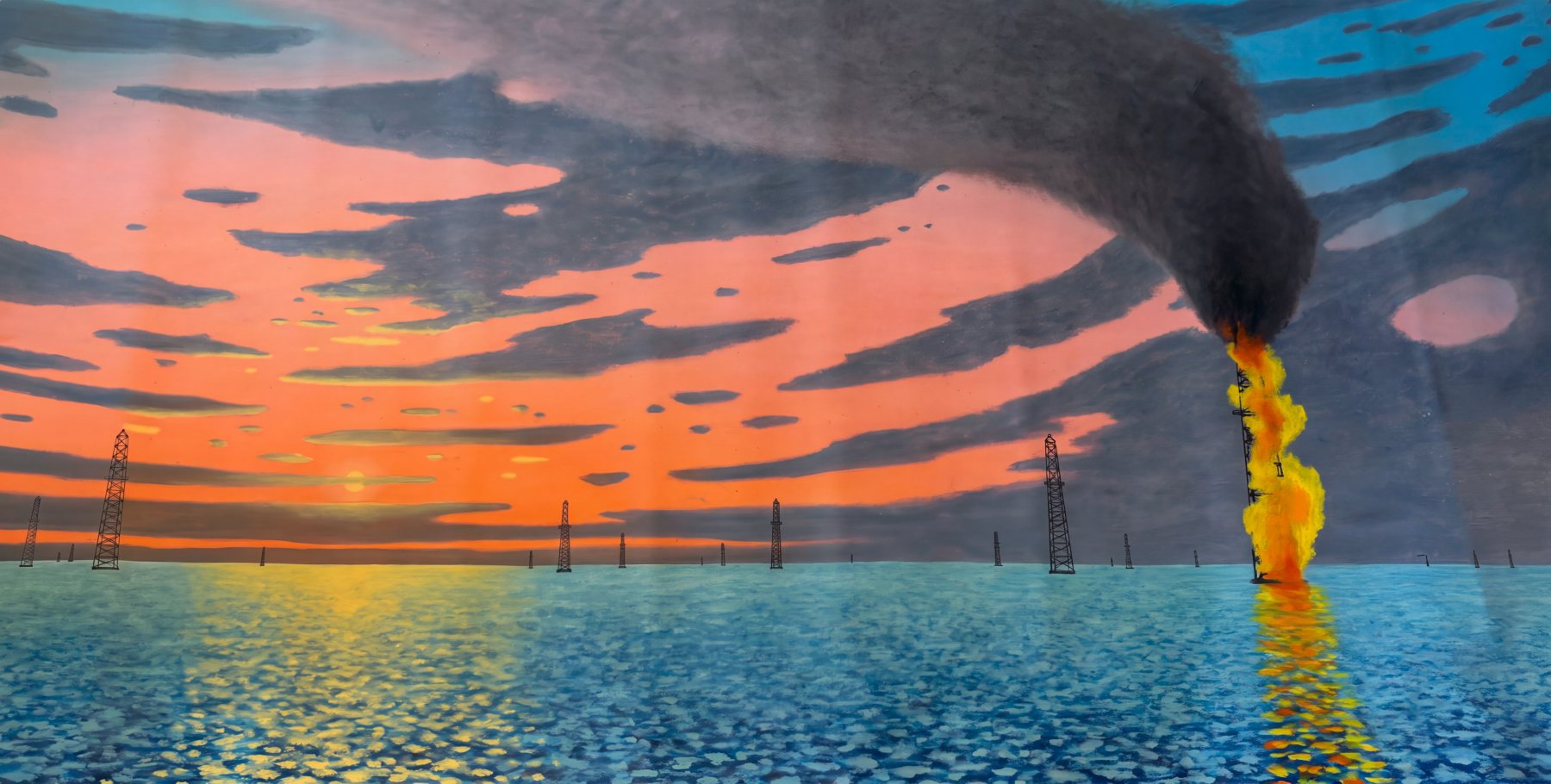 Burning Oil Well in Lake Maracaibo, Oil on canvas, Bill Sullivan