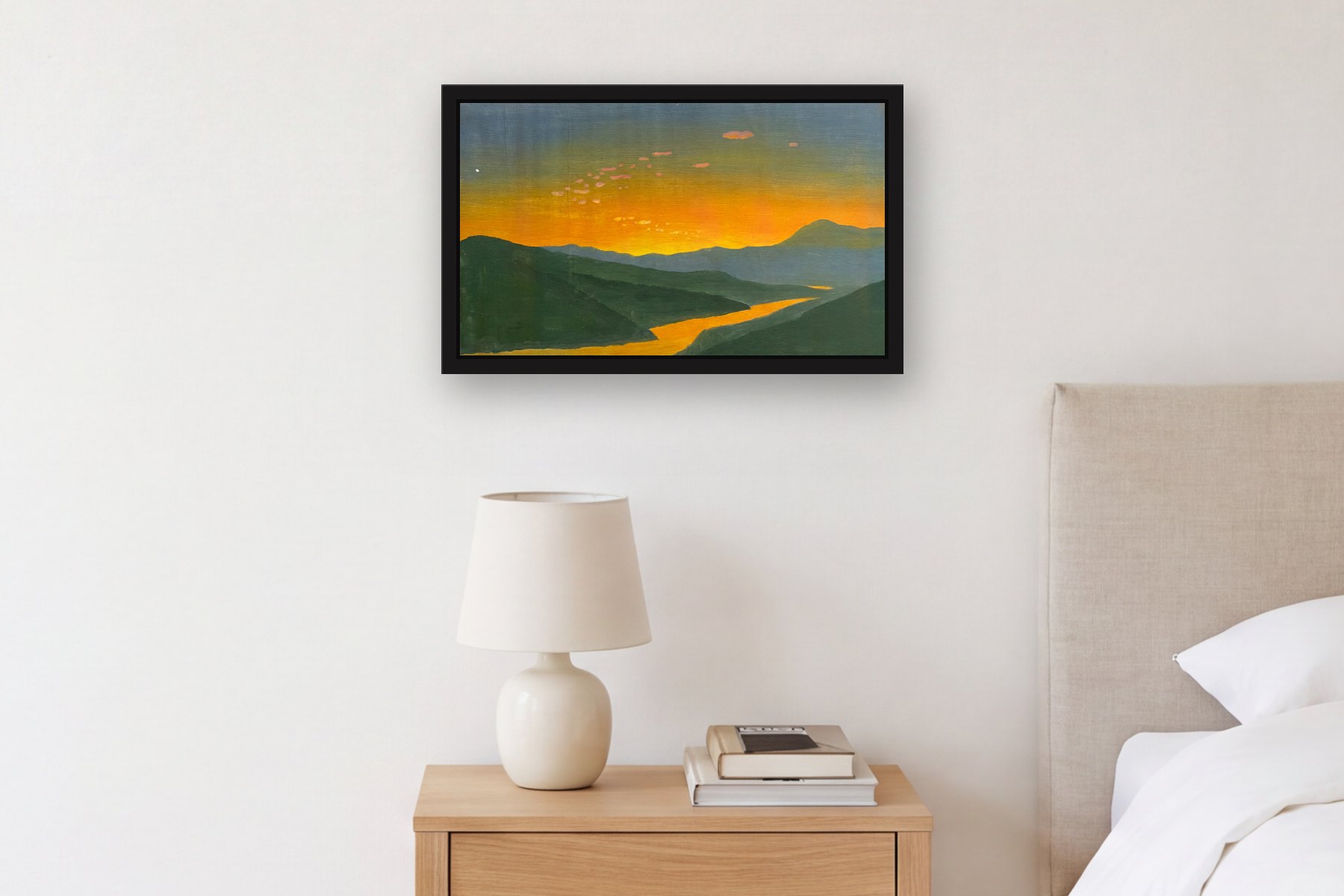 Antioquia by Bill Sullivan, hanging above a bedside table in a bedroom