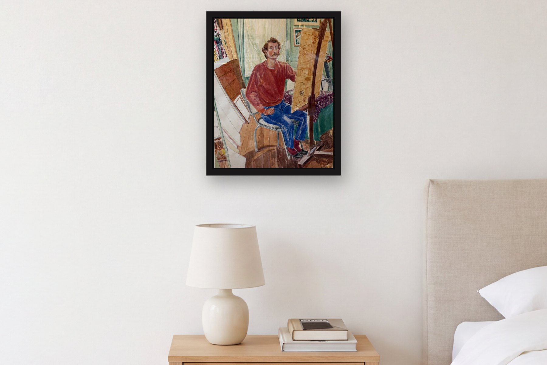 Artist by Togias Mostel, hanging above a bedside table in a bedroom