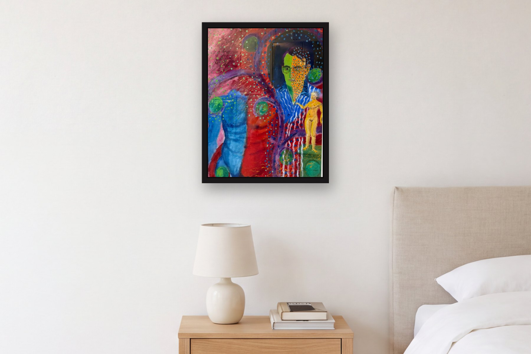 Bill by Togias Mostel, hanging above a bedside table in a bedroom