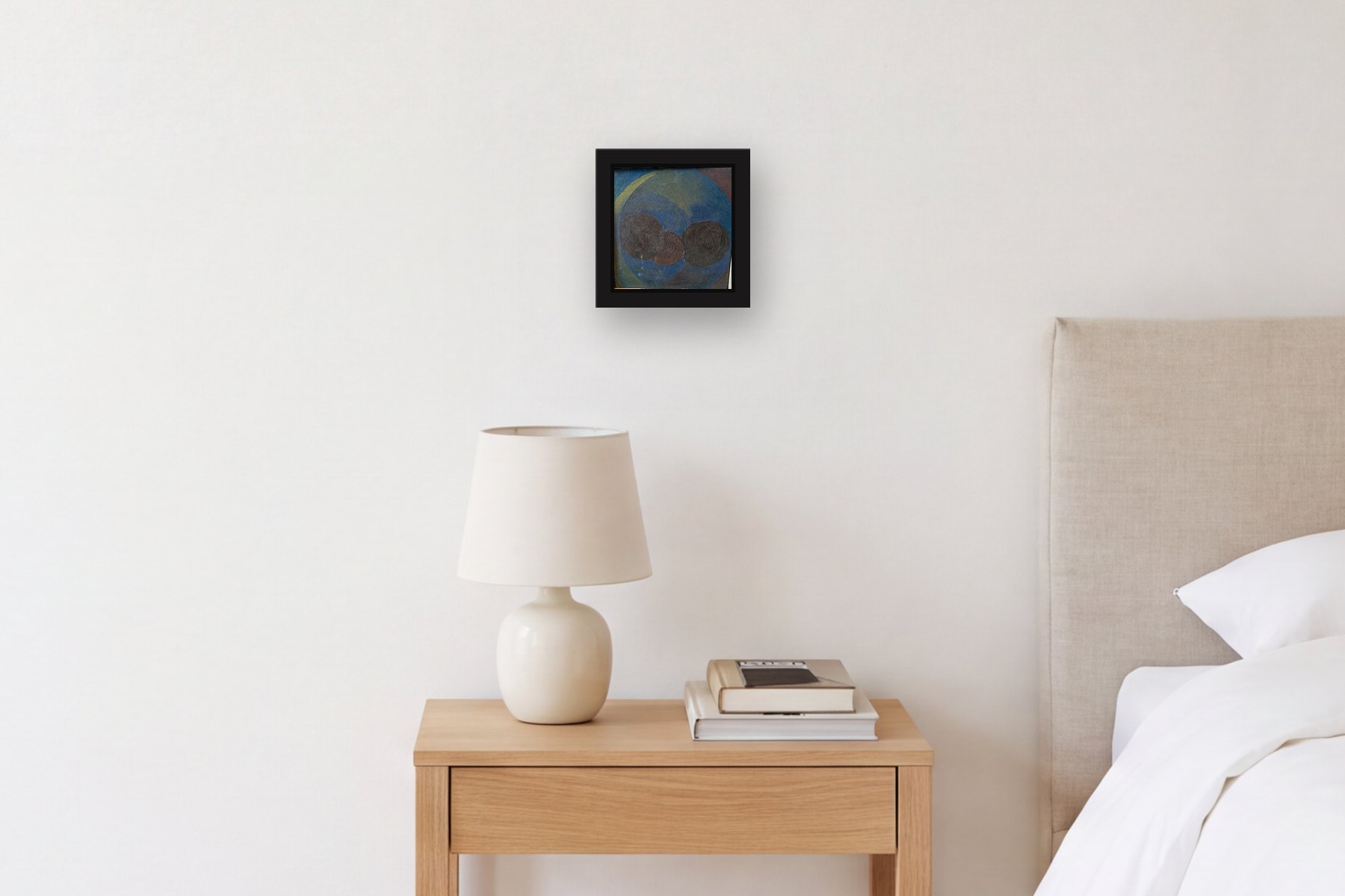 Blue by Artist not recorded, hanging above a bedside table in a bedroom