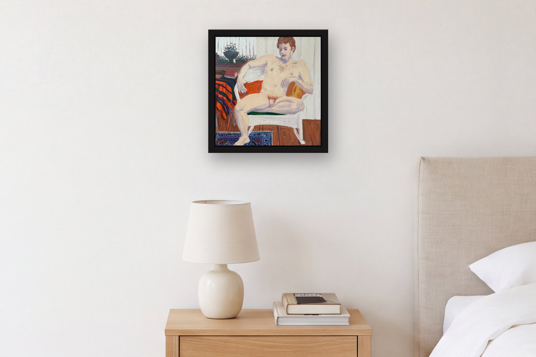 Bobby by Bill Sullivan, hanging above a bedside table in a bedroom