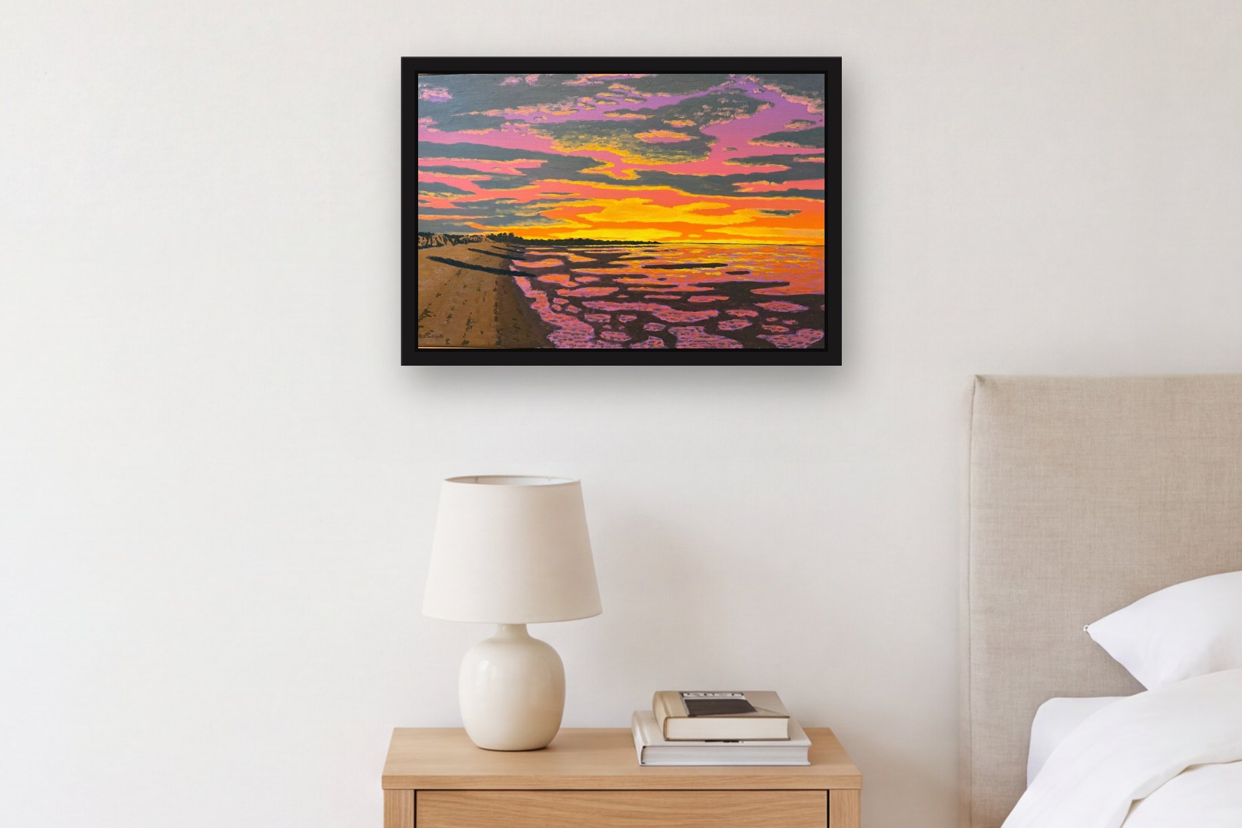 Brewster Flats at Sunset by Bill Sullivan, hanging above a bedside table in a bedroom