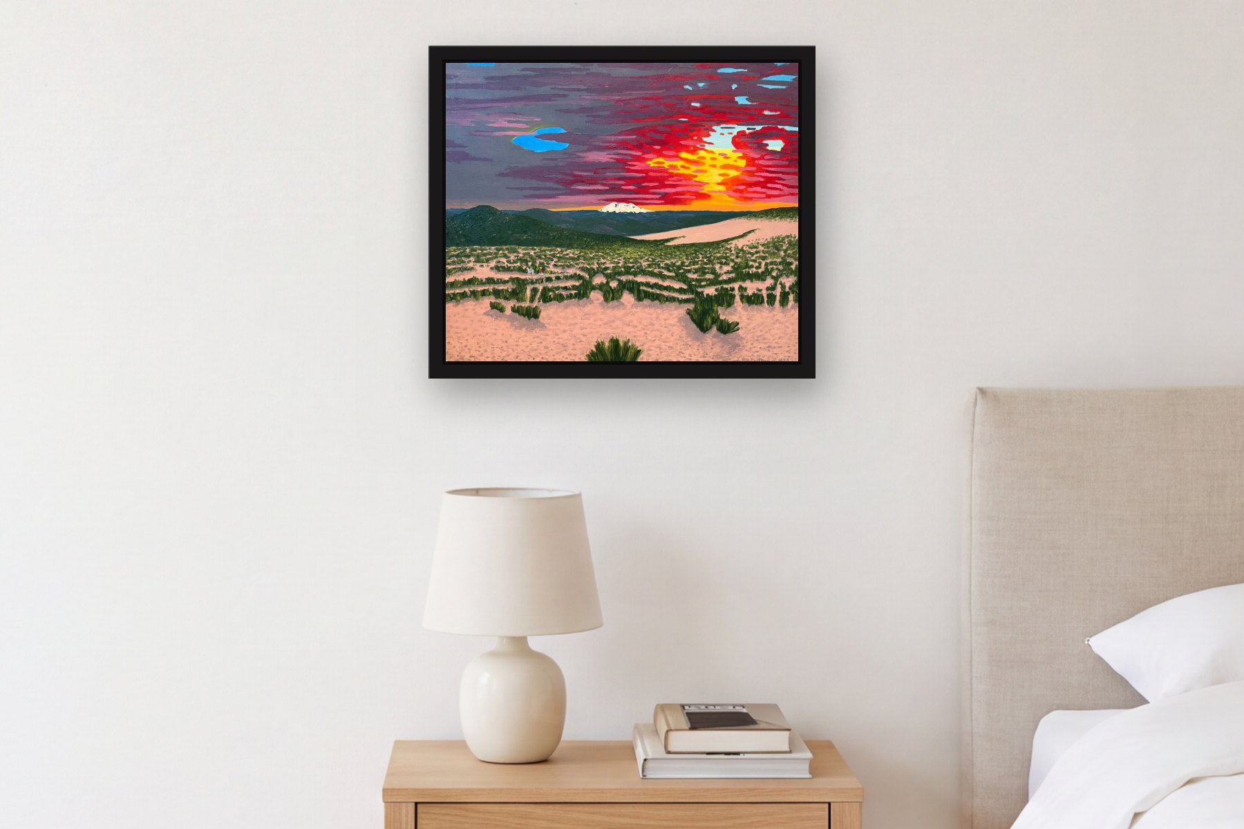 Chimbarazo II by Bill Sullivan, hanging above a bedside table in a bedroom