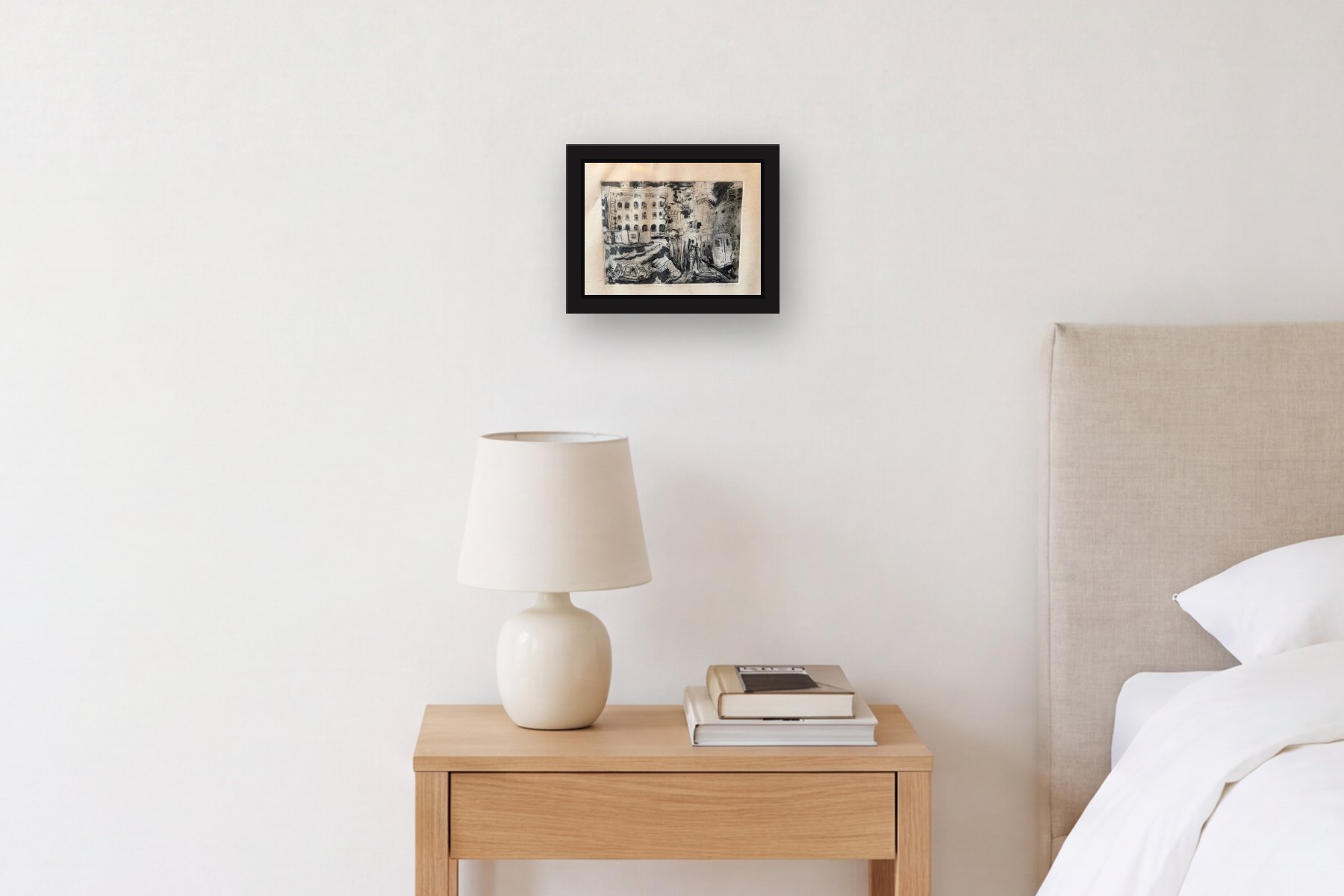 Construction Site by Michelle Spark, hanging above a bedside table in a bedroom