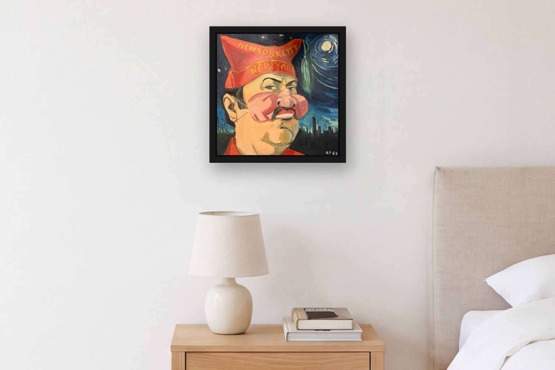 CP 83 by Charles Parness, hanging above a bedside table in a bedroom