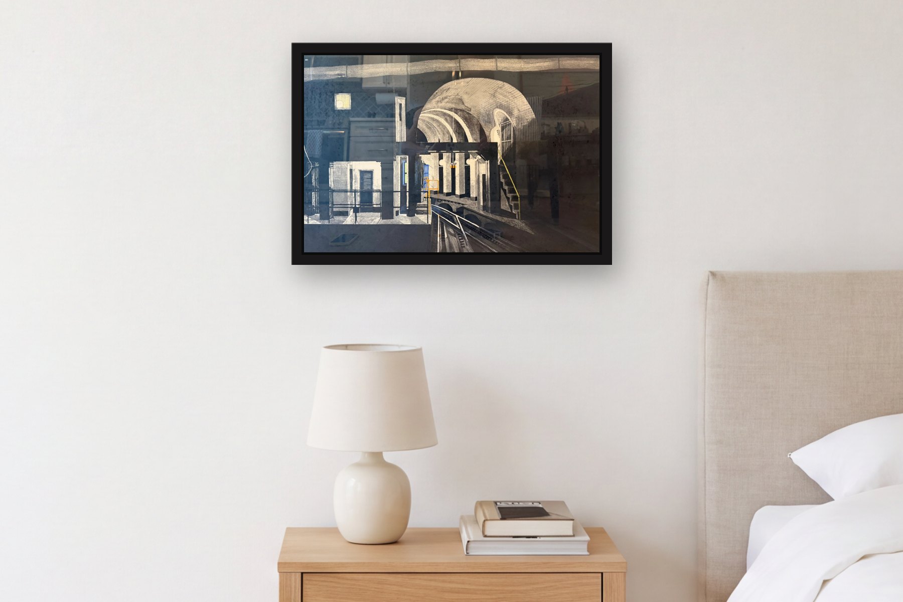 Deep Station: A View from the Tracks by Donna Dennis, hanging above a bedside table in a bedroom