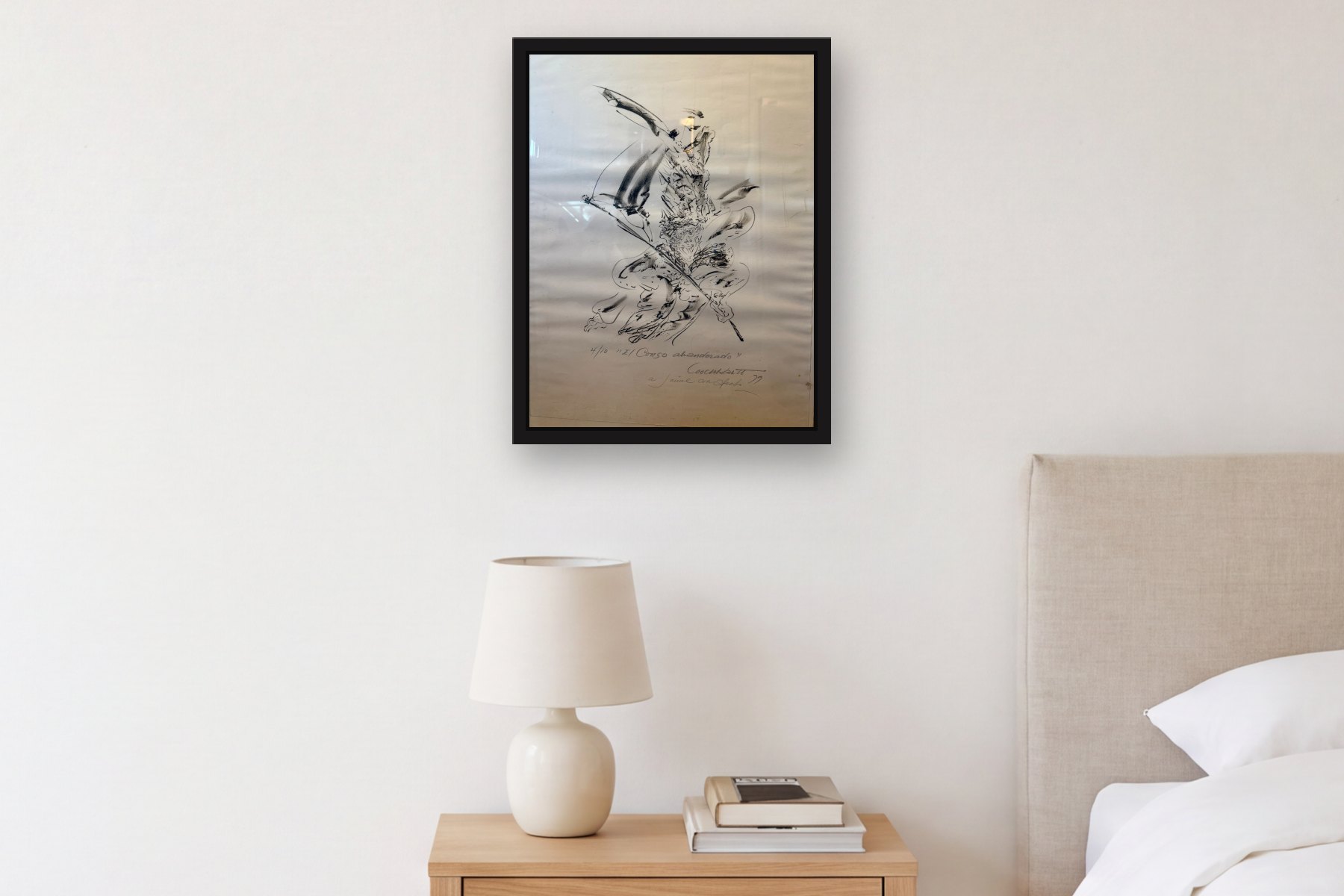 El Corso Abanderado by Artist not recorded, hanging above a bedside table in a bedroom