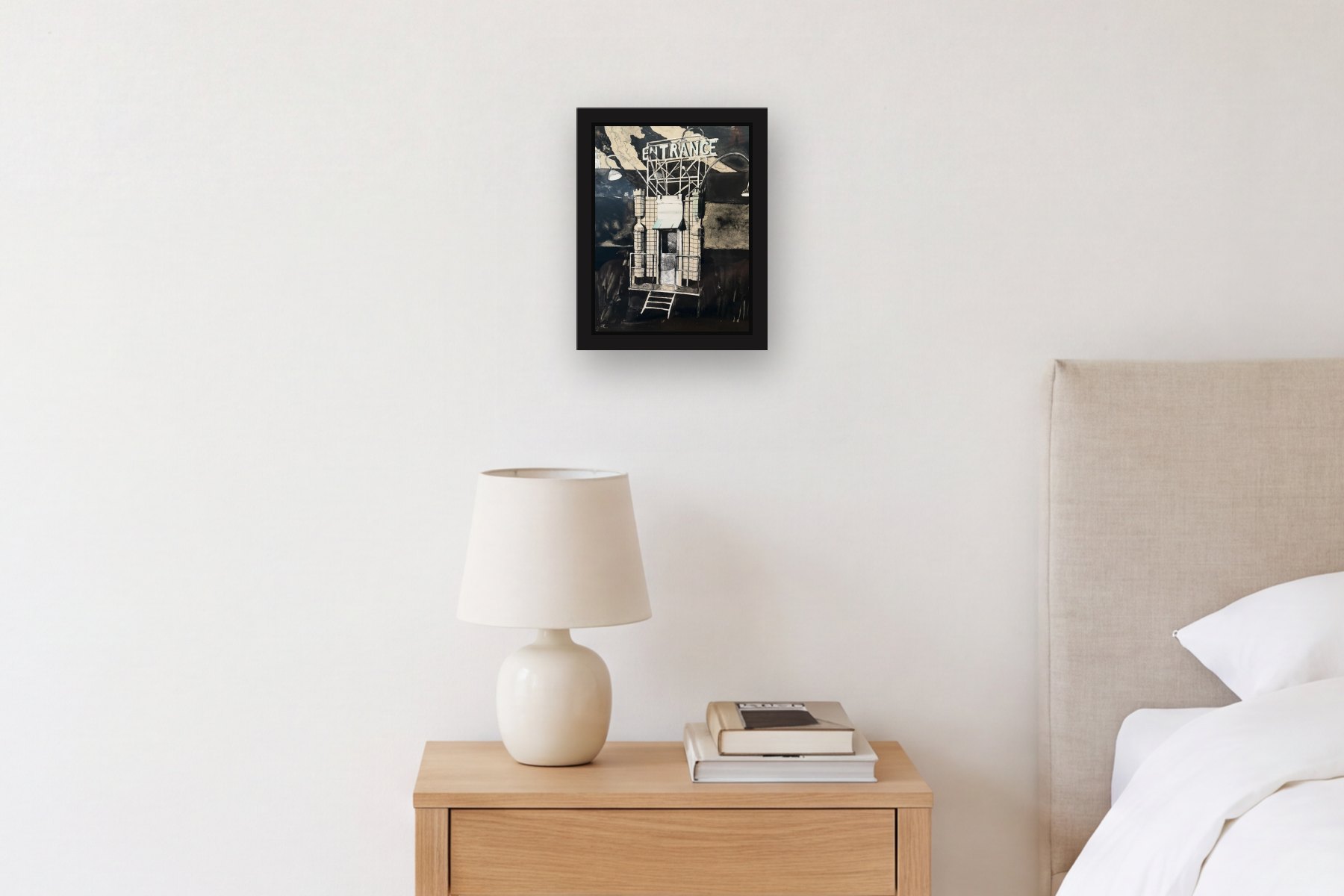 Entrance by Donna Dennis, hanging above a bedside table in a bedroom