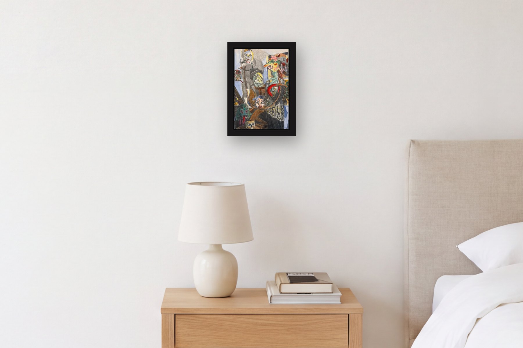 Fandores Peligrosas by Lawrence Steven Faden, hanging above a bedside table in a bedroom