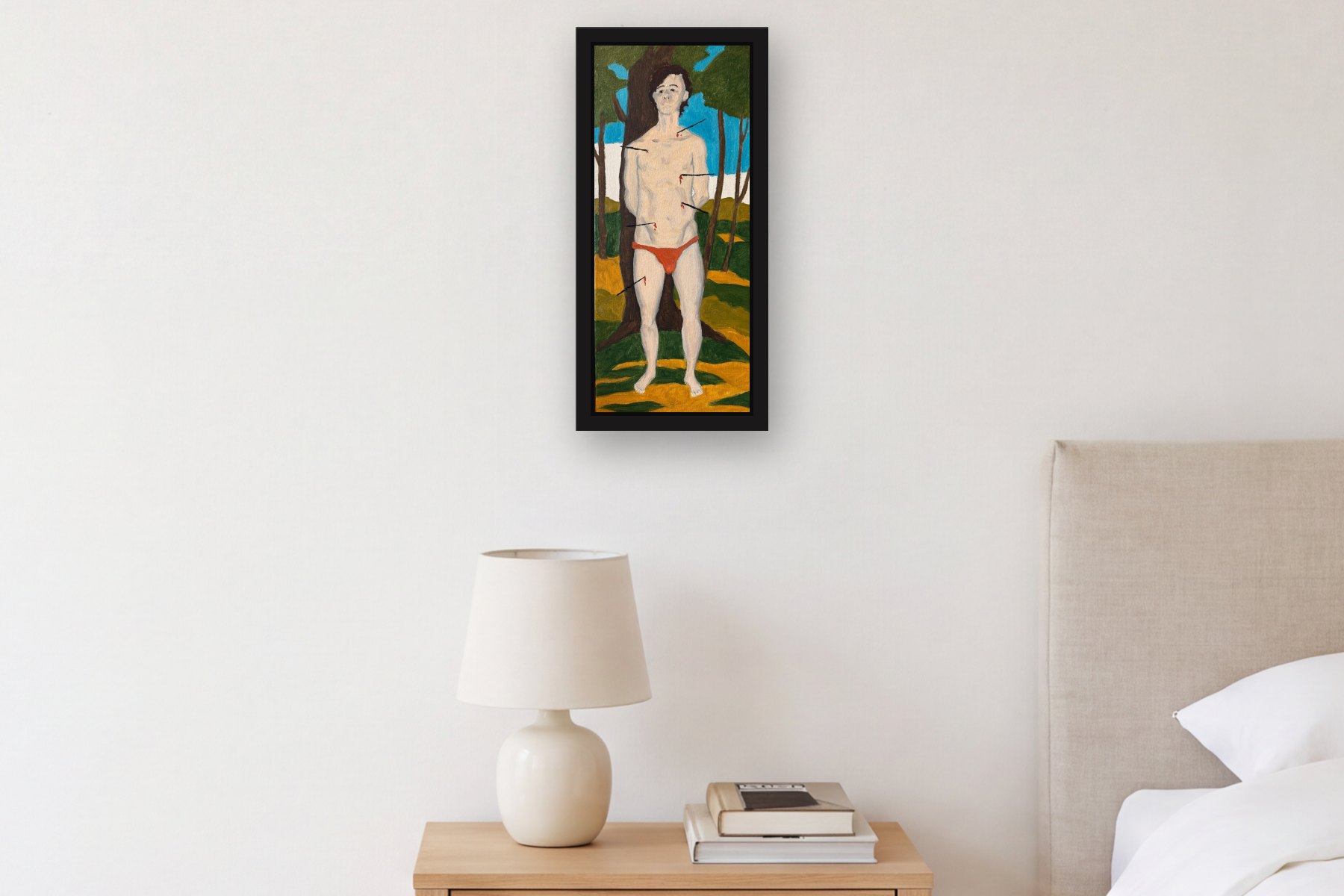 Firing Squad by Bill Sullivan, hanging above a bedside table in a bedroom