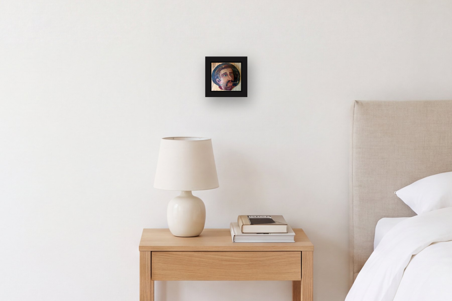 Fisherman by Artist not recorded, hanging above a bedside table in a bedroom