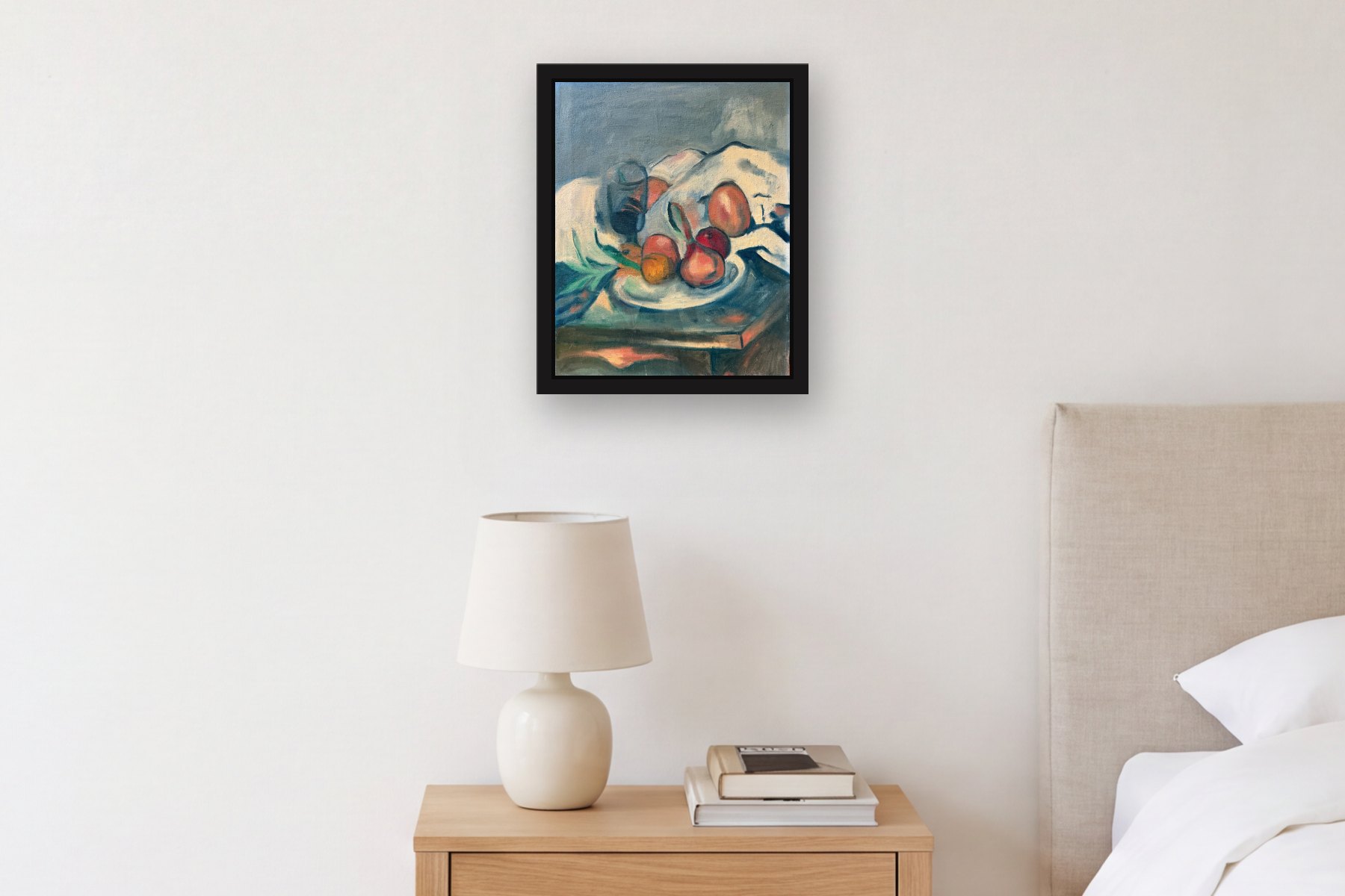 Fruit Bowl by Artist not recorded, hanging above a bedside table in a bedroom