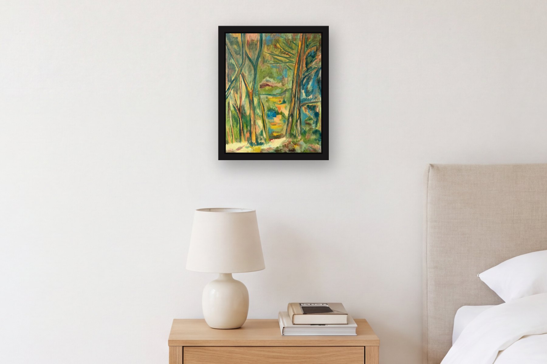 House in Woods by Artist not recorded, hanging above a bedside table in a bedroom