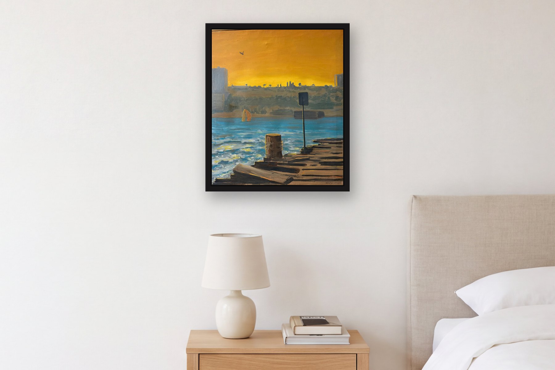 Hudson River by Bill Sullivan, hanging above a bedside table in a bedroom