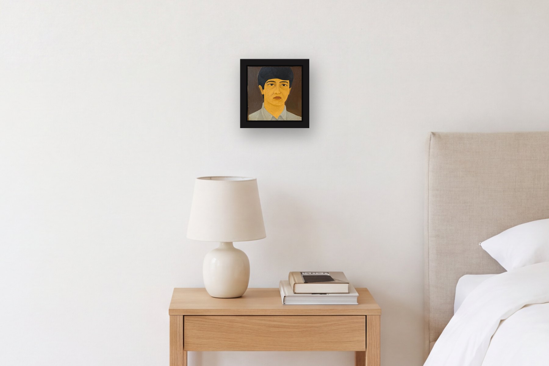 Man by Artist not recorded, hanging above a bedside table in a bedroom