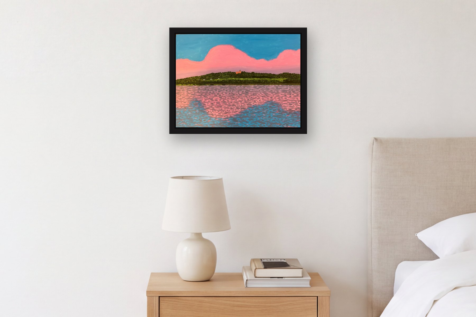Olana from Catskills by Bill Sullivan, hanging above a bedside table in a bedroom