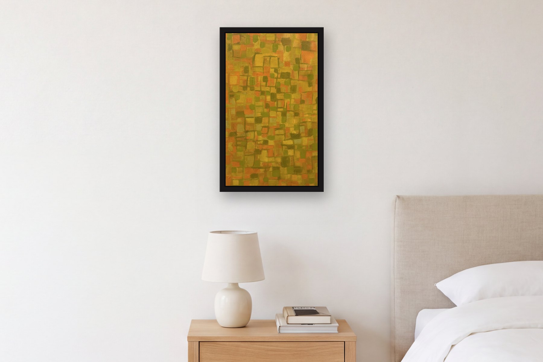 Orange Blocks by Bill Sullivan, hanging above a bedside table in a bedroom