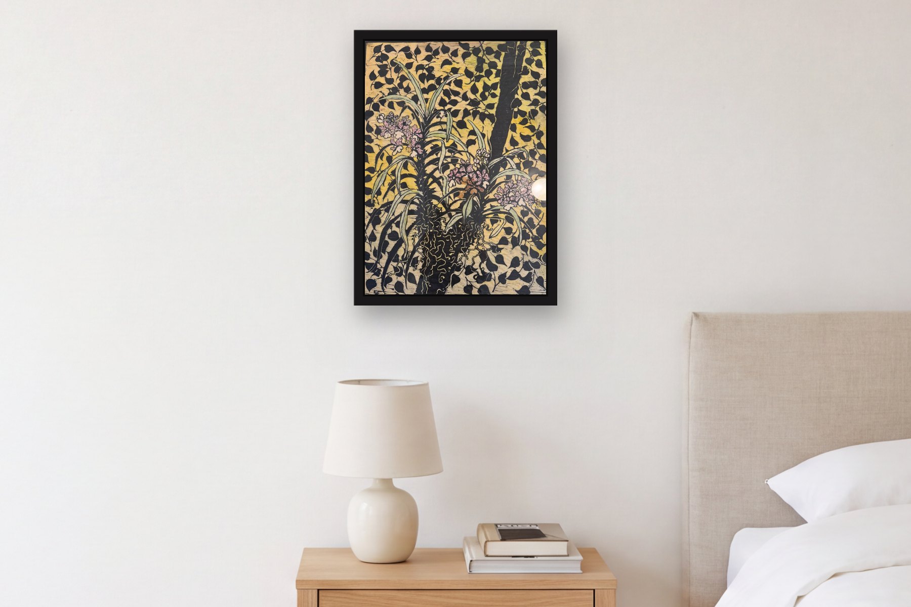 Osado by Maria de la toy Hija, hanging above a bedside table in a bedroom