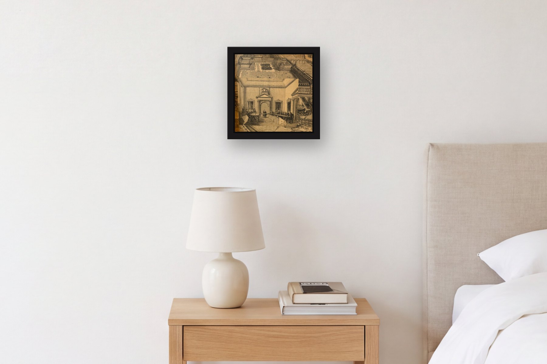 Parliament by Artist not recorded, hanging above a bedside table in a bedroom