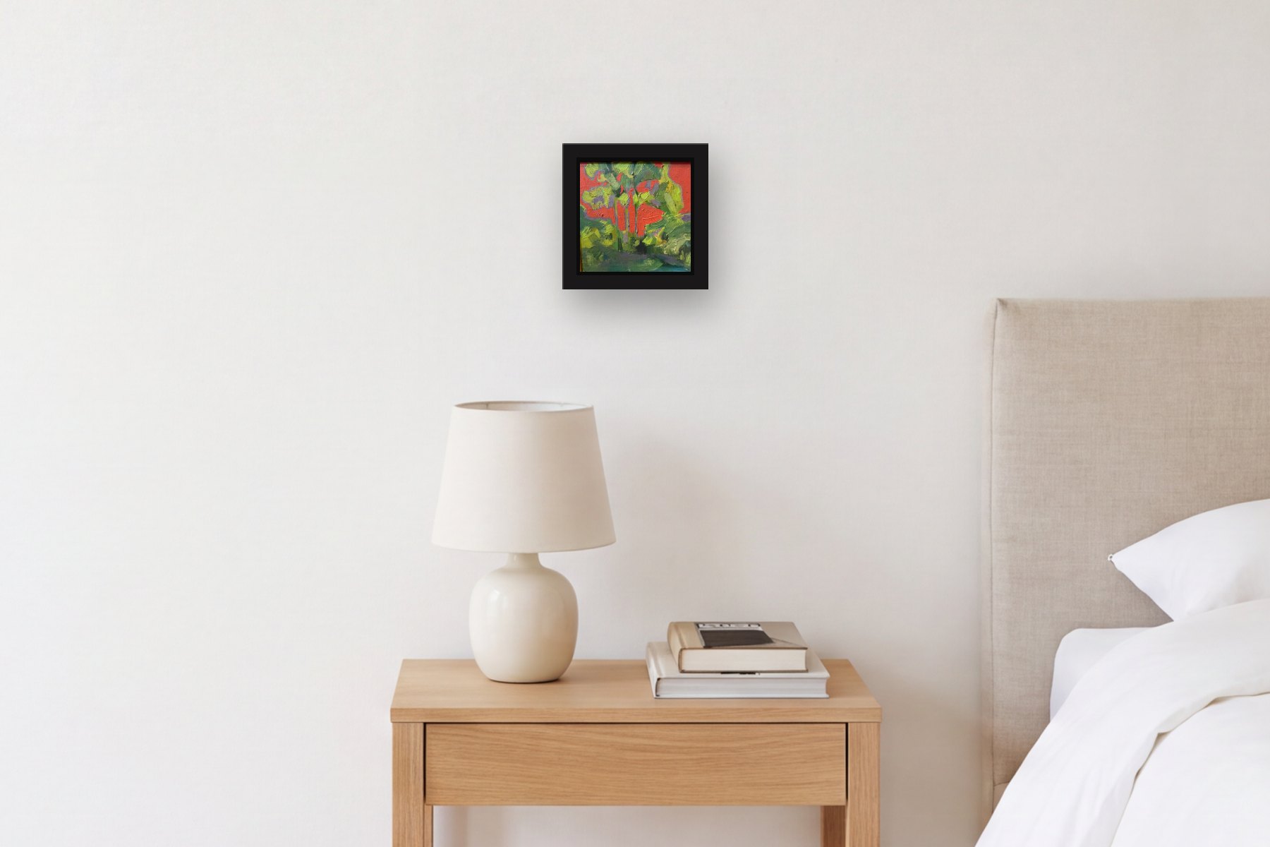 Red and Green by Artist not recorded, hanging above a bedside table in a bedroom