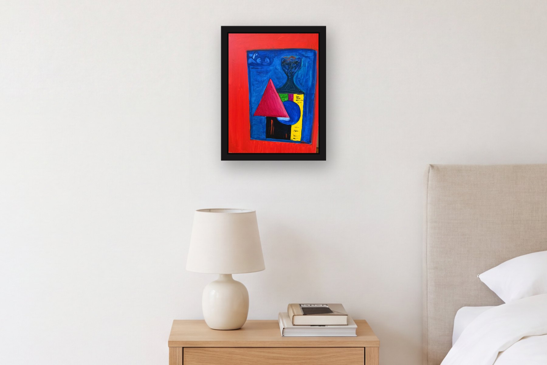 Red Triangle by Artist not recorded, hanging above a bedside table in a bedroom