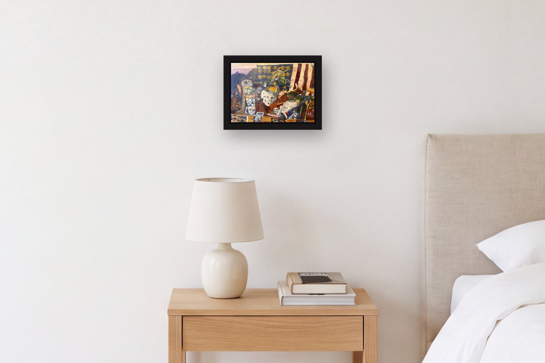 Secrets of the Haunted House by Lawrence Steven Faden, hanging above a bedside table in a bedroom