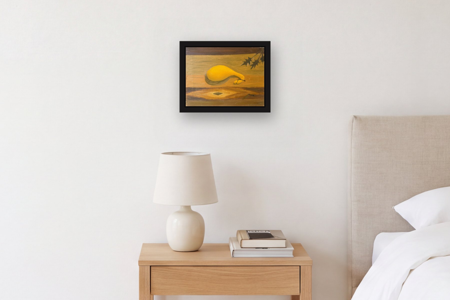 Squash by Artist not recorded, hanging above a bedside table in a bedroom