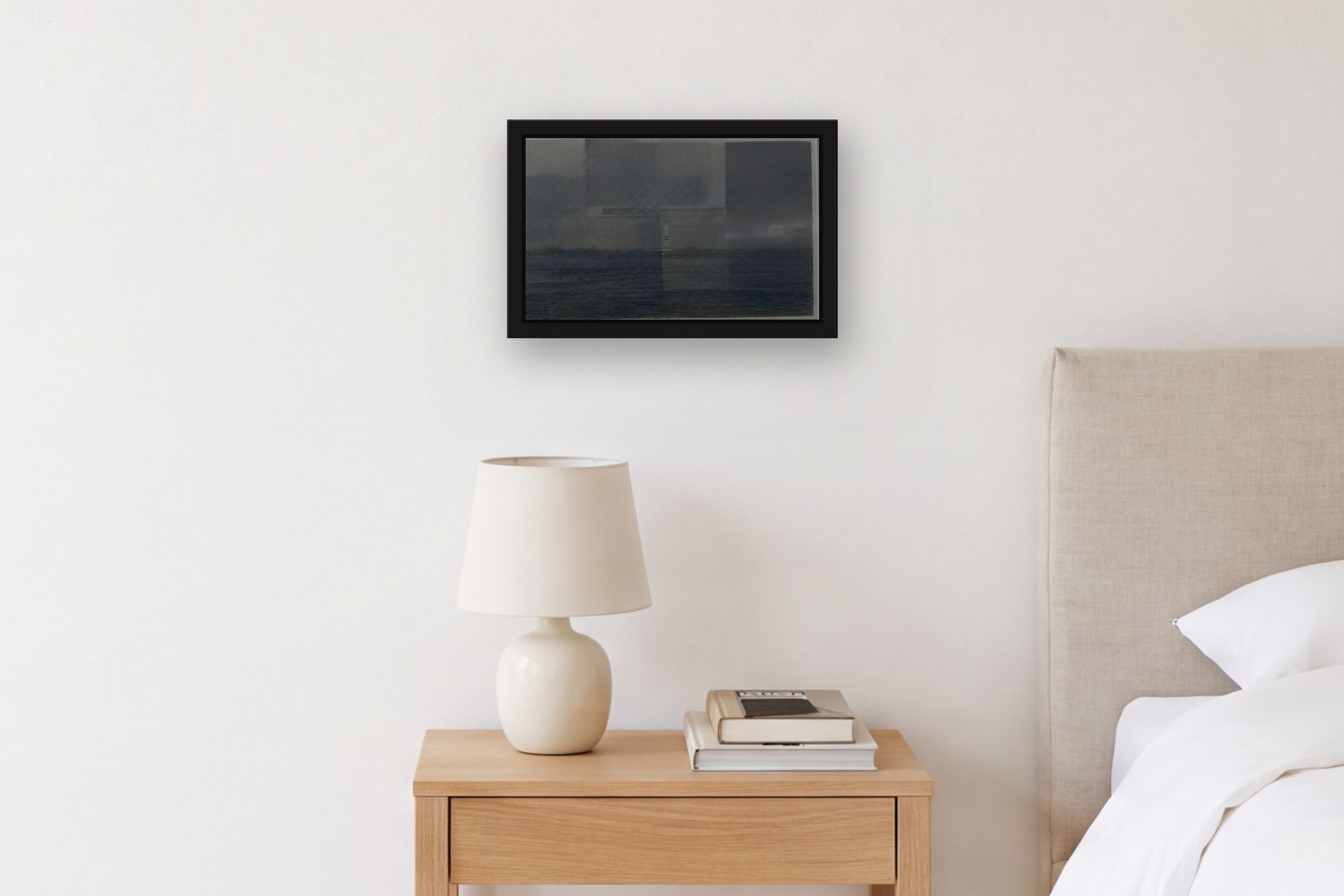Statue of Liberty by Bill Sullivan, hanging above a bedside table in a bedroom