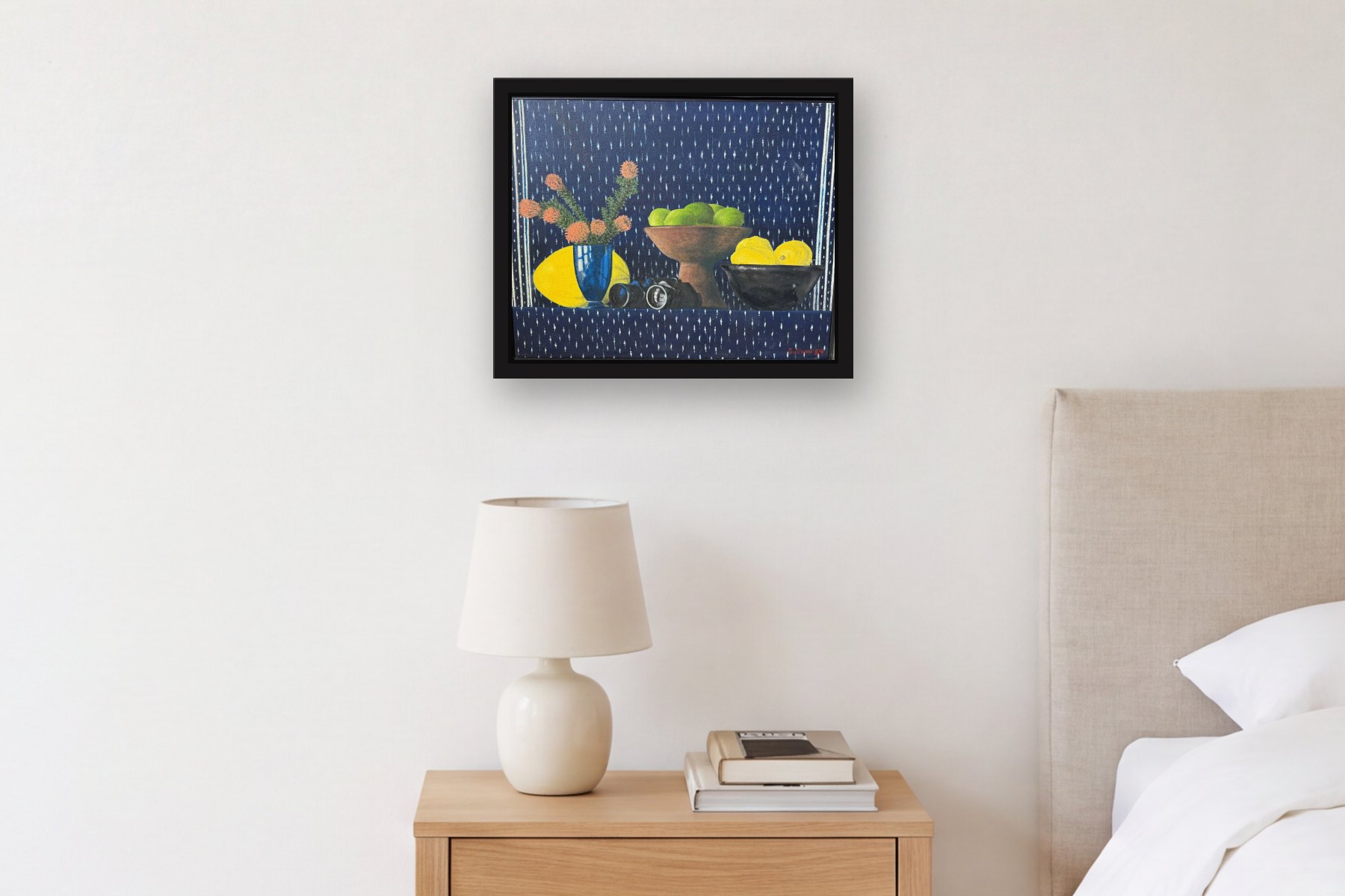 Still life with Binoculars by Bill Sullivan, hanging above a bedside table in a bedroom