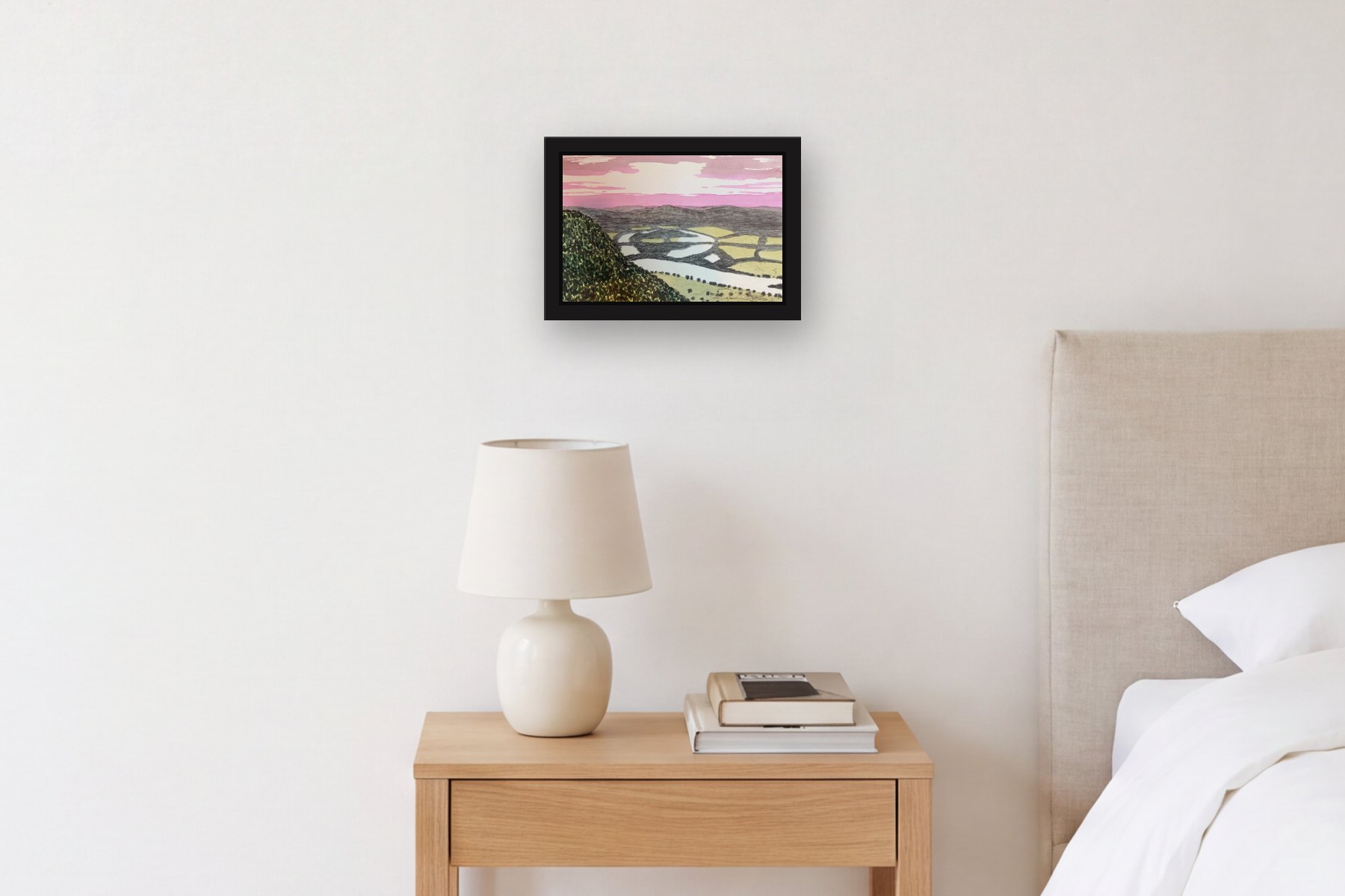 The Oxbow, 2/25 by Bill Sullivan, hanging above a bedside table in a bedroom