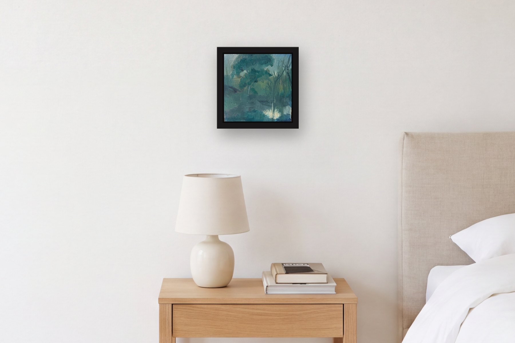 Trees by Artist not recorded, hanging above a bedside table in a bedroom