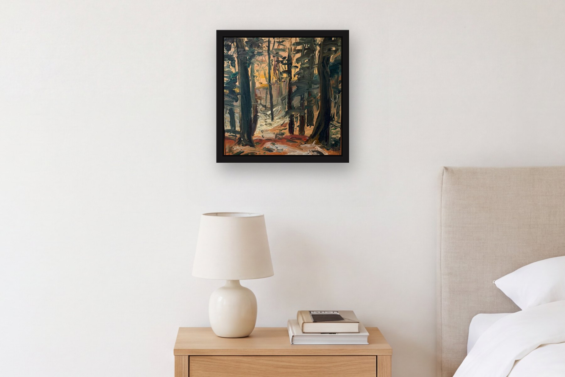 Trees by Artist not recorded, hanging above a bedside table in a bedroom