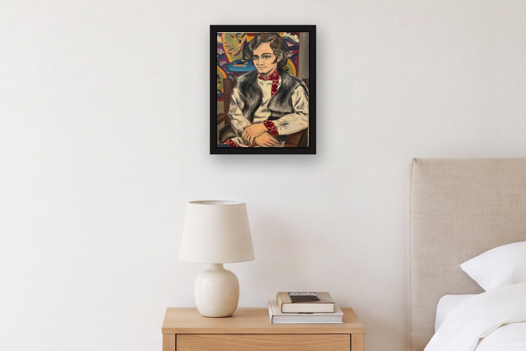 Untitled by Bill Sullivan, hanging above a bedside table in a bedroom