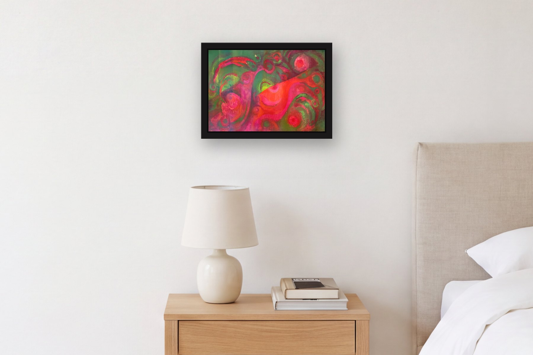 Untitled by Bill Sullivan, hanging above a bedside table in a bedroom