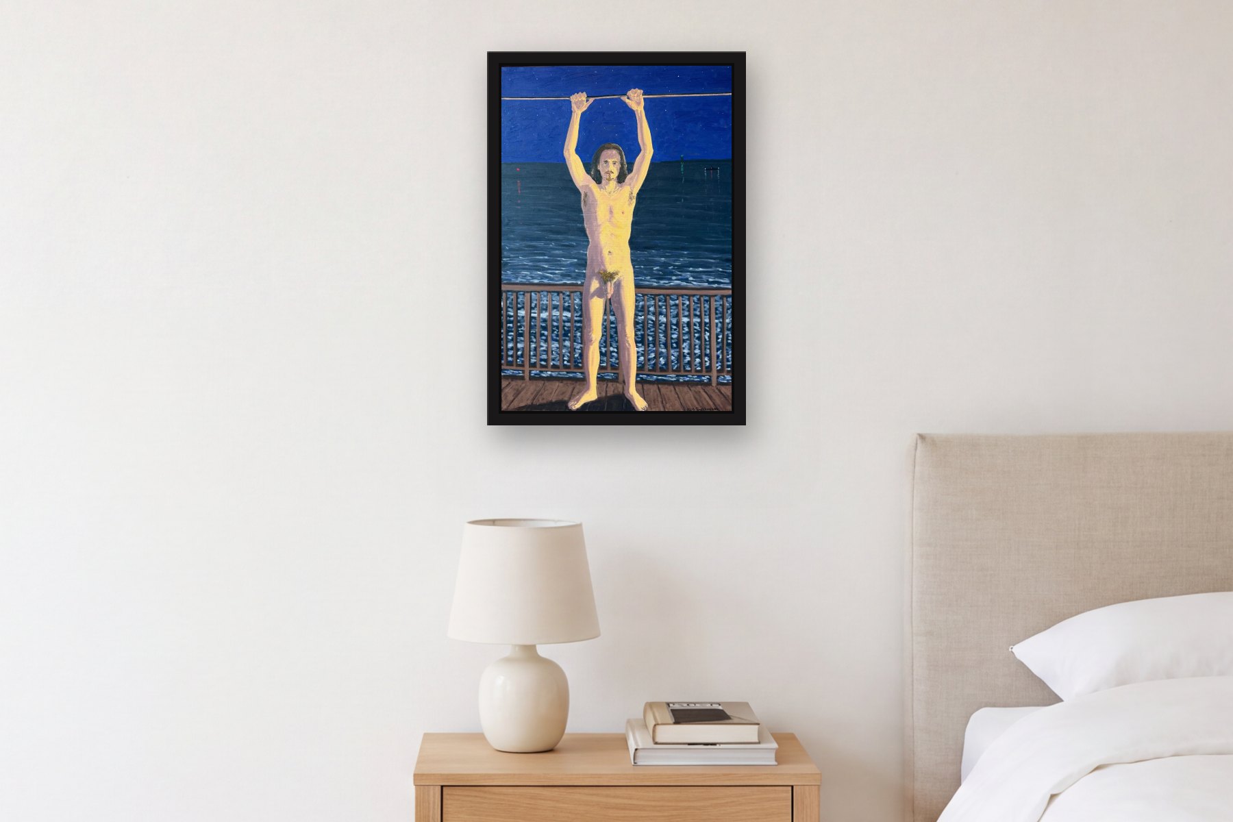 Untitled by Bill Sullivan, hanging above a bedside table in a bedroom
