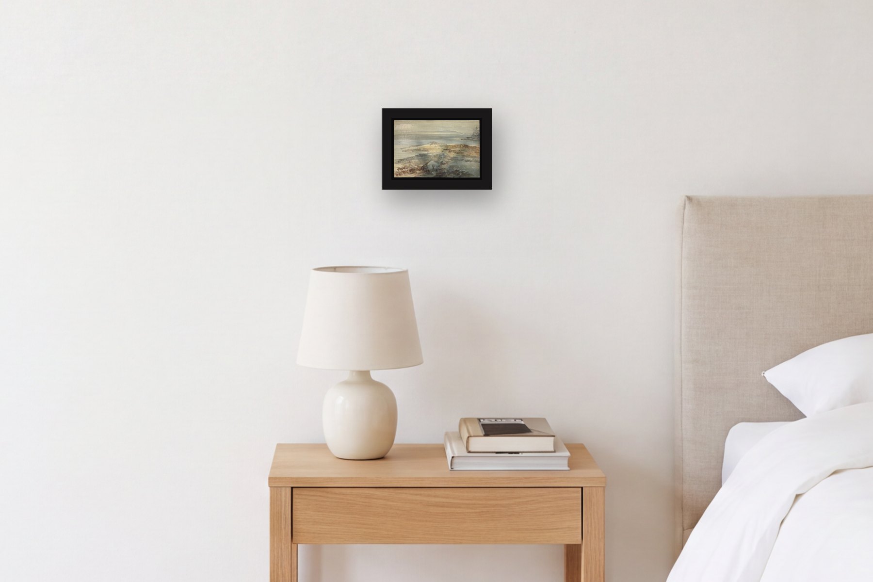 Untitled by M. Clark, hanging above a bedside table in a bedroom