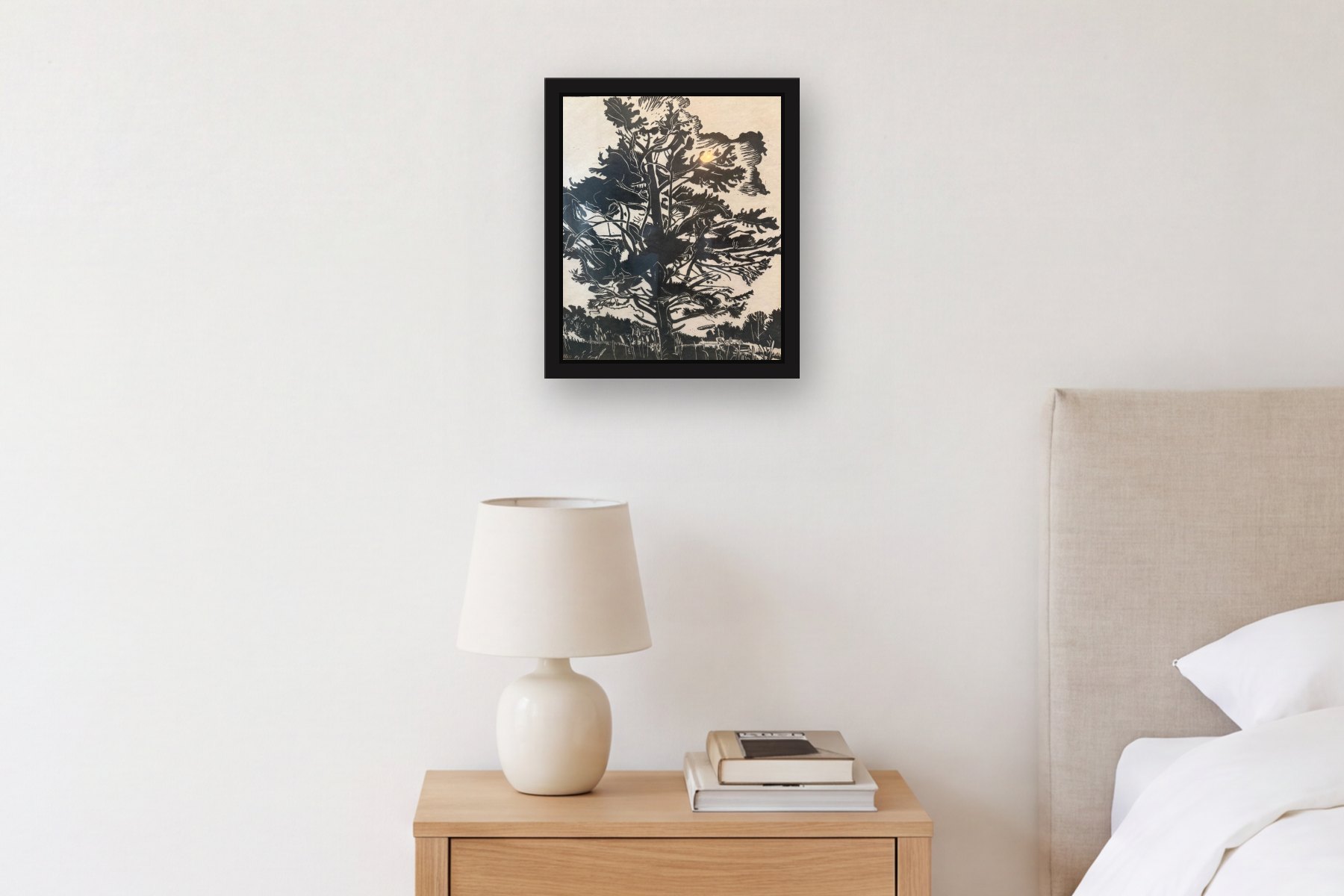 Untitled by Marjorie Kramer, hanging above a bedside table in a bedroom