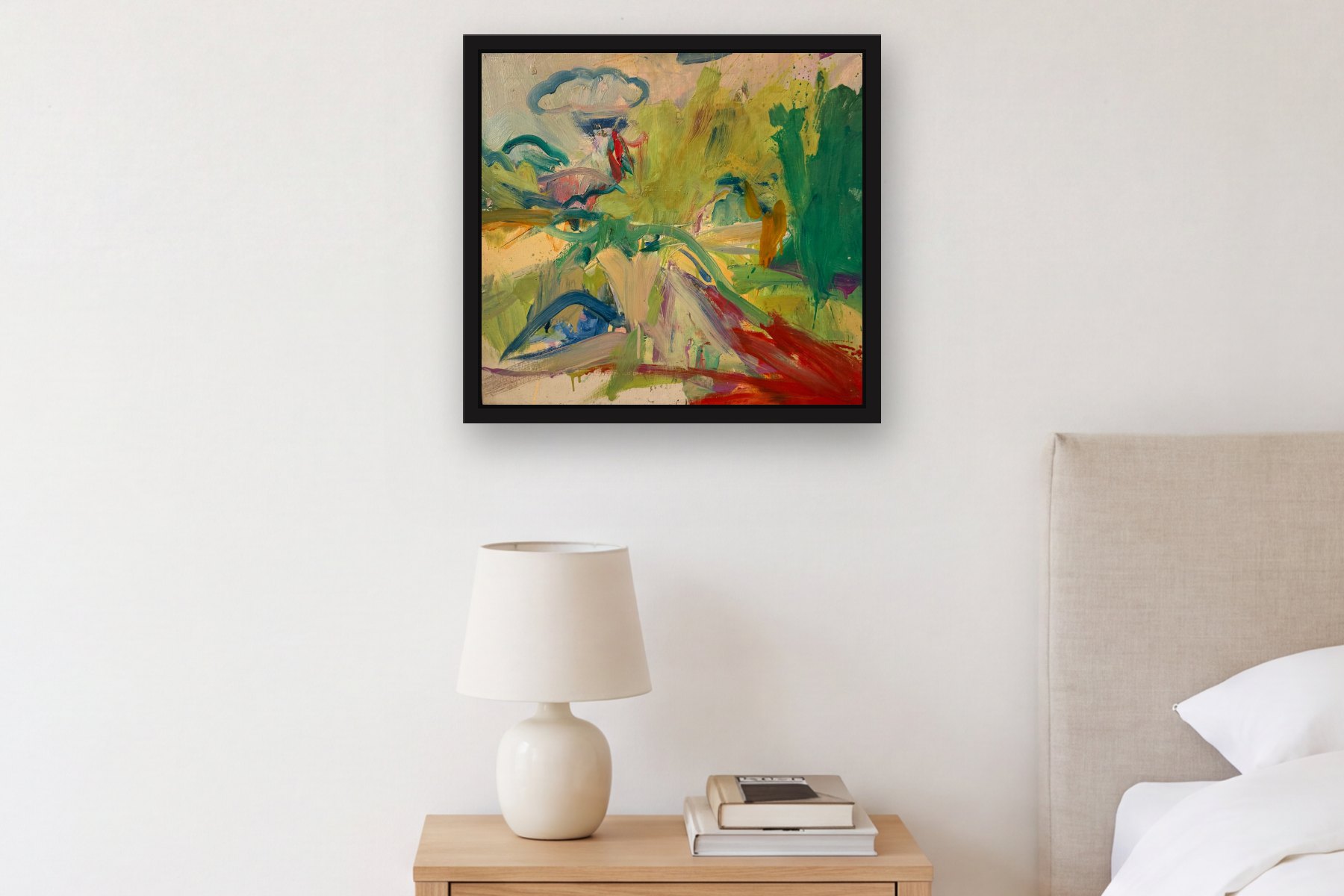 Untitled by Noah Baen, hanging above a bedside table in a bedroom
