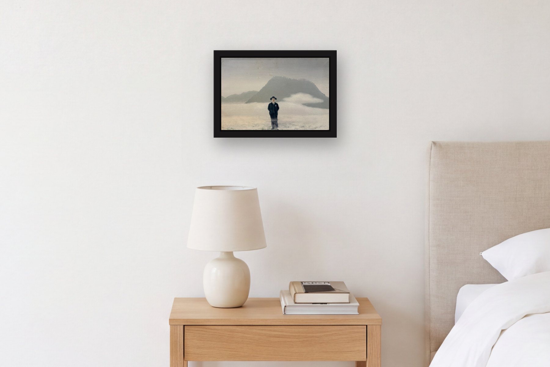 Untitled, signed on back by Bill Sullivan, hanging above a bedside table in a bedroom