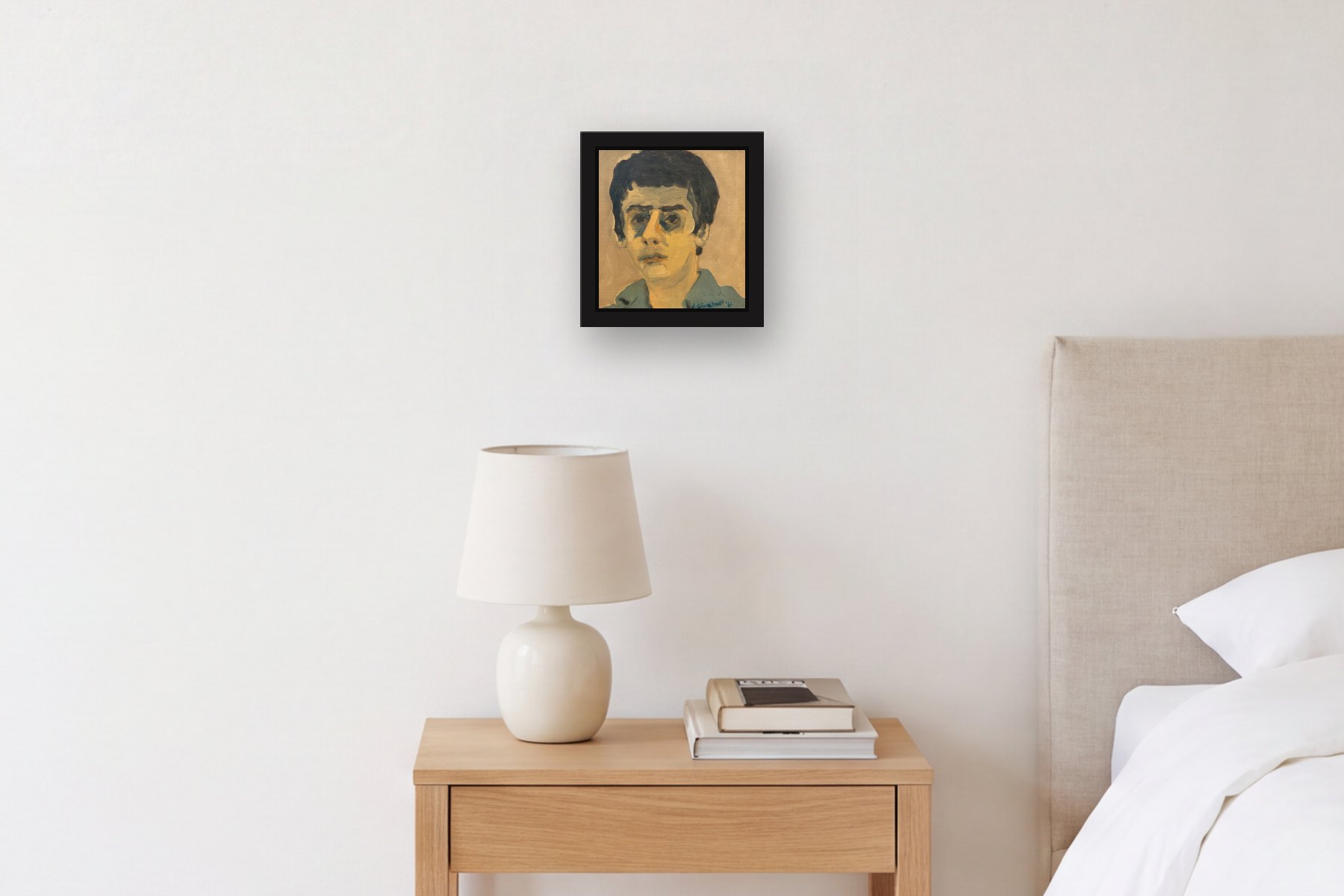 Untitled by Steve Giordindo, hanging above a bedside table in a bedroom