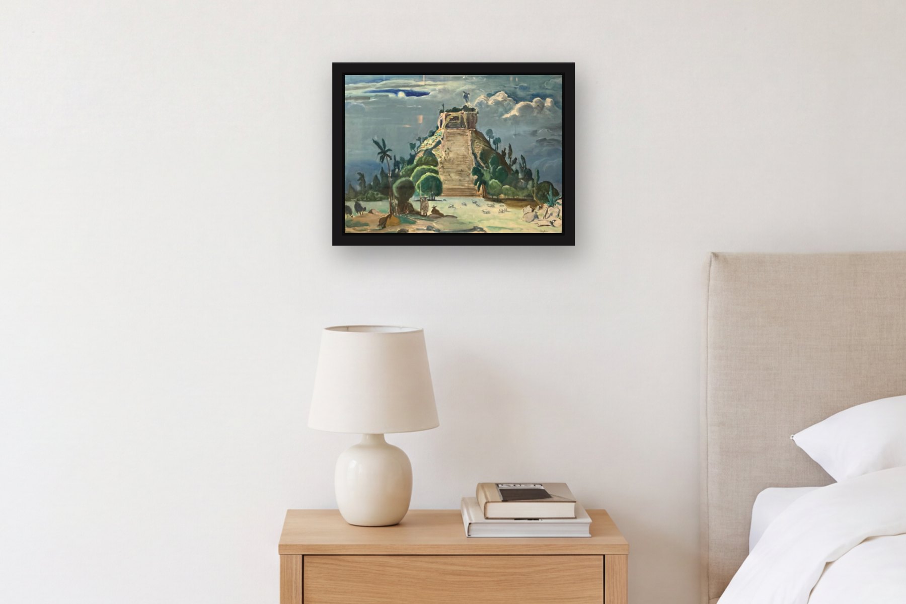 Untitled by Susan Daykin, hanging above a bedside table in a bedroom