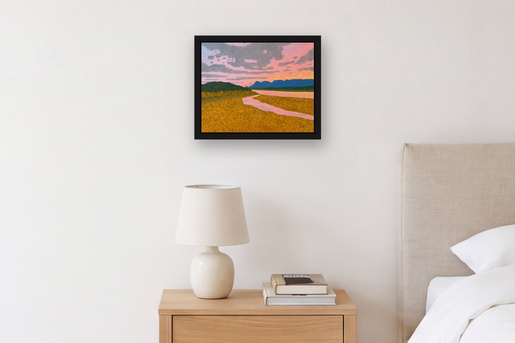 View of the Catskills by Bill Sullivan, hanging above a bedside table in a bedroom