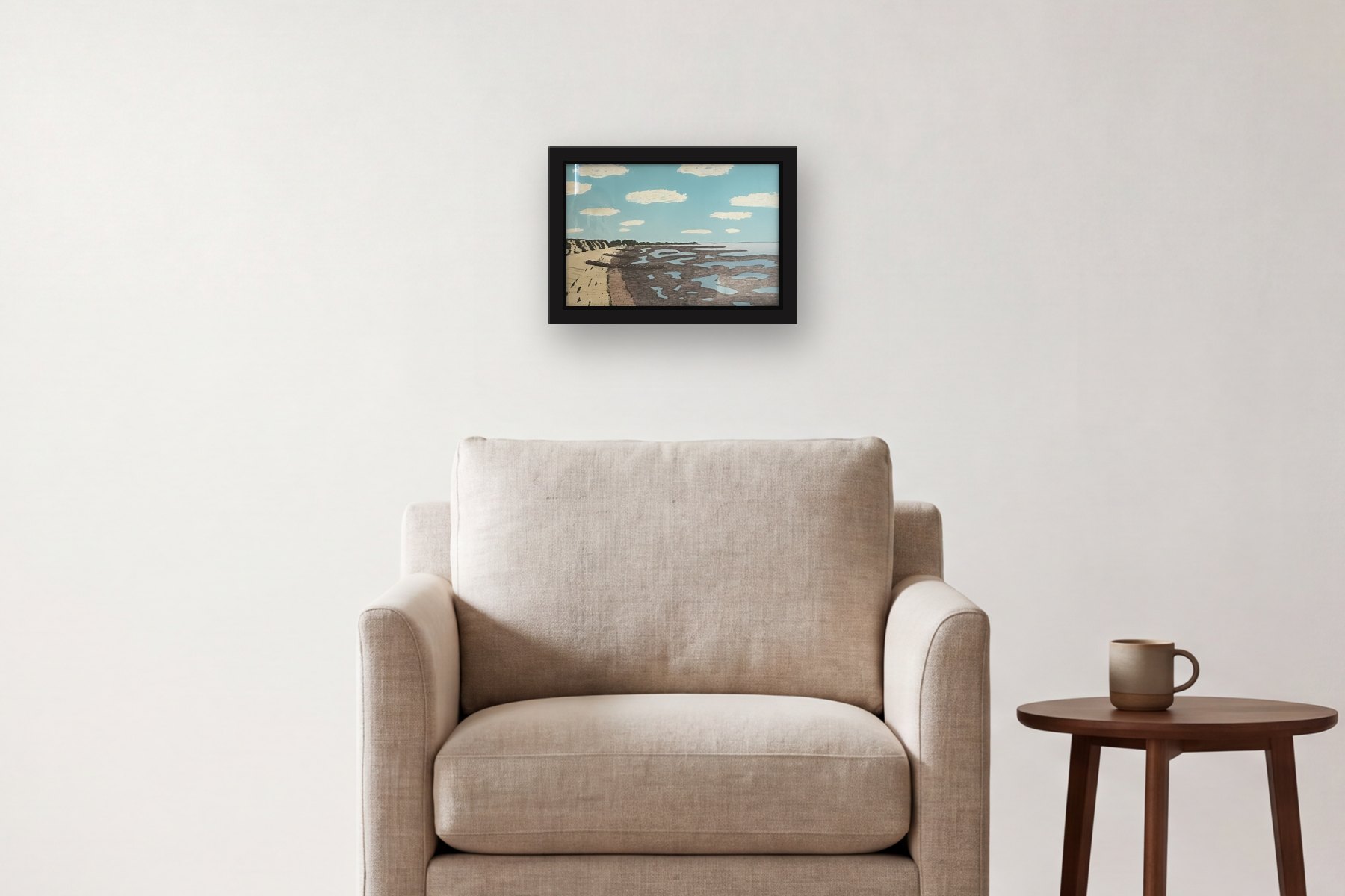 Brewster Beach Day by Bill Sullivan, hanging above an armchair