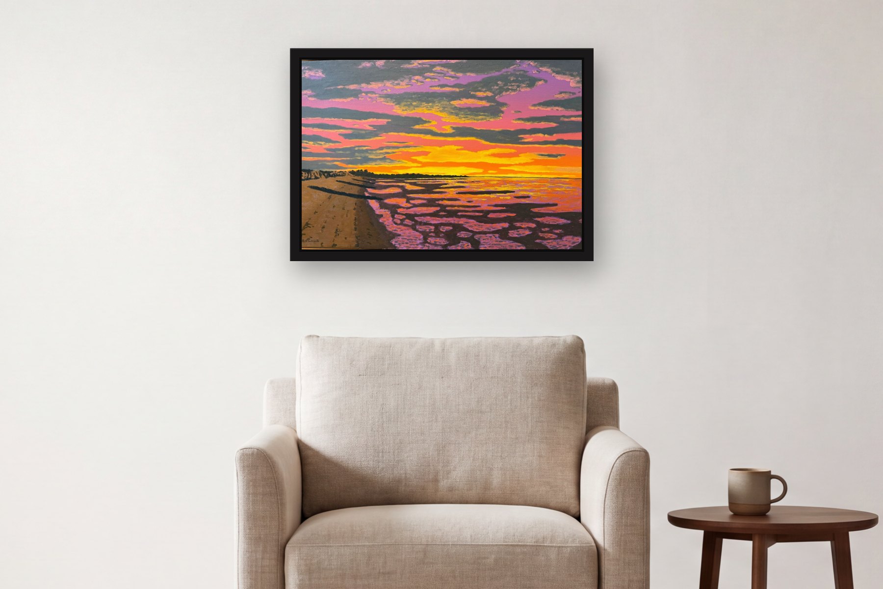 Brewster Flats at Sunset by Bill Sullivan, hanging above an armchair