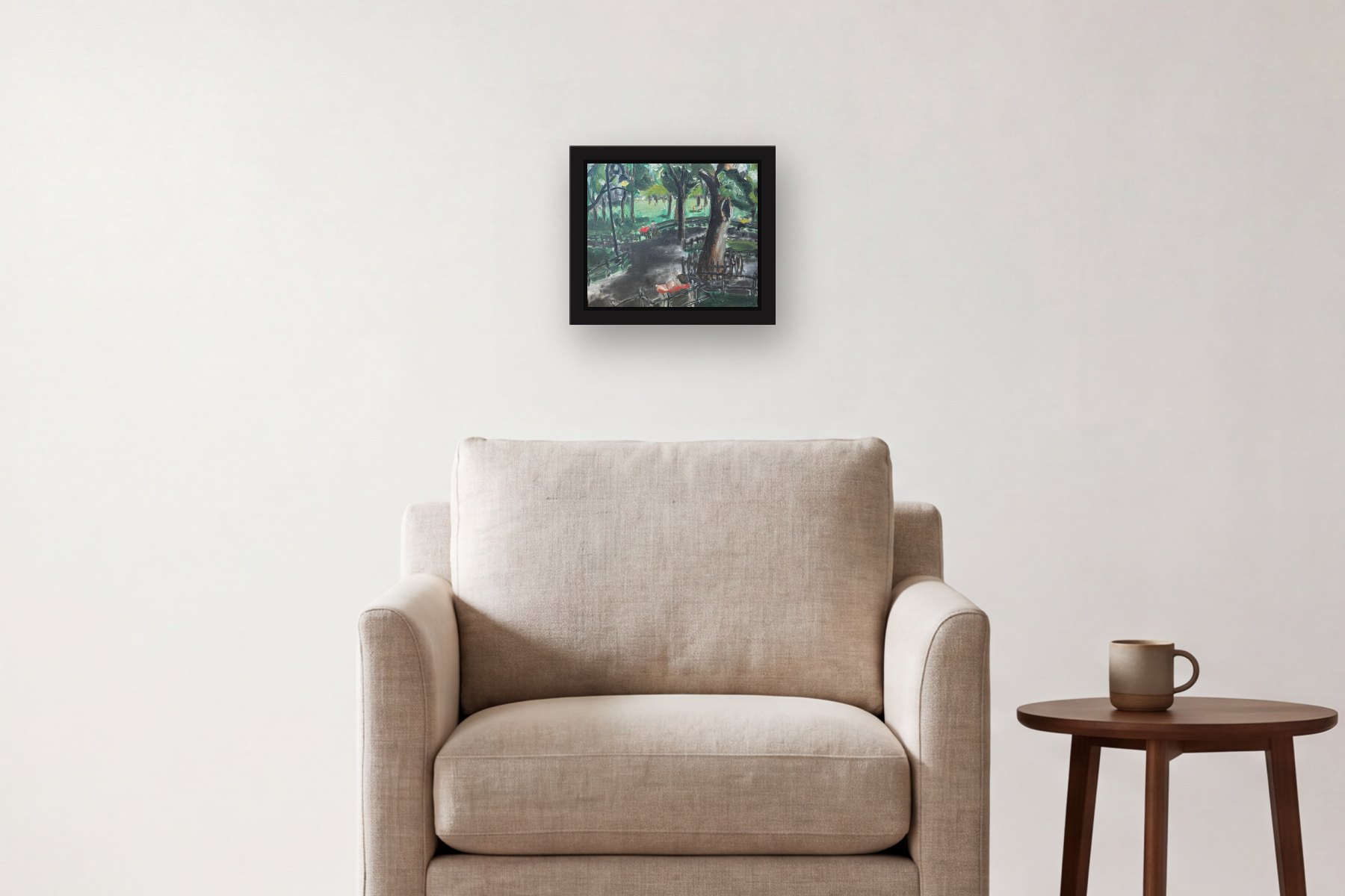 Bridge by Artist not recorded, hanging above an armchair