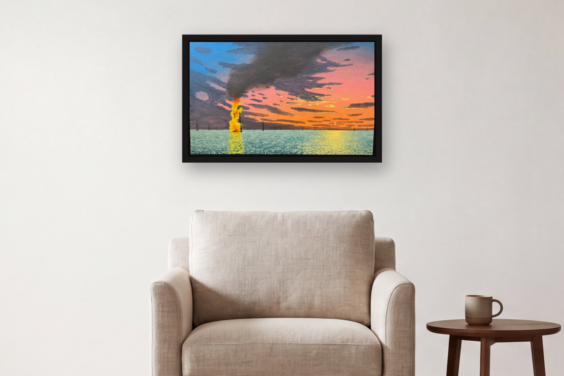 Burning Oil Well in Lake Maracaibo by Bill Sullivan, hanging above an armchair