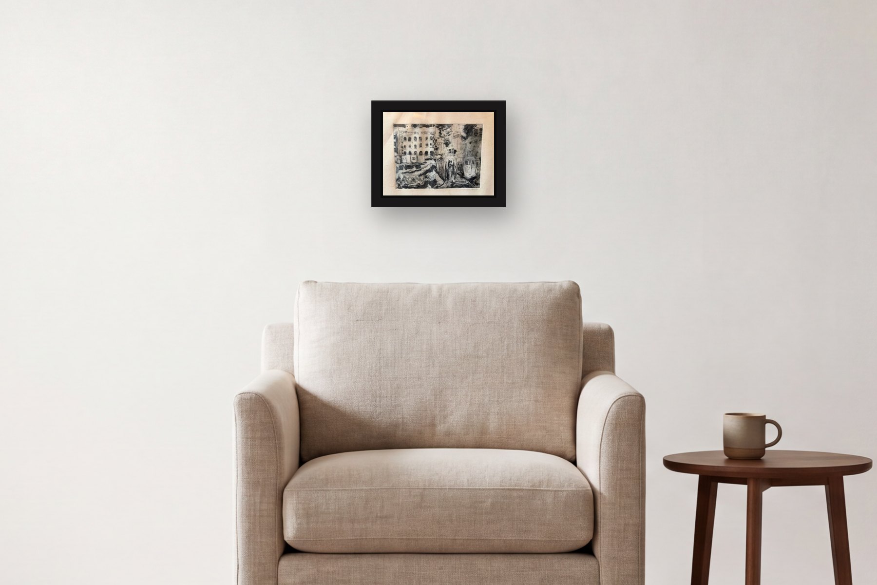 Construction Site by Michelle Spark, hanging above an armchair