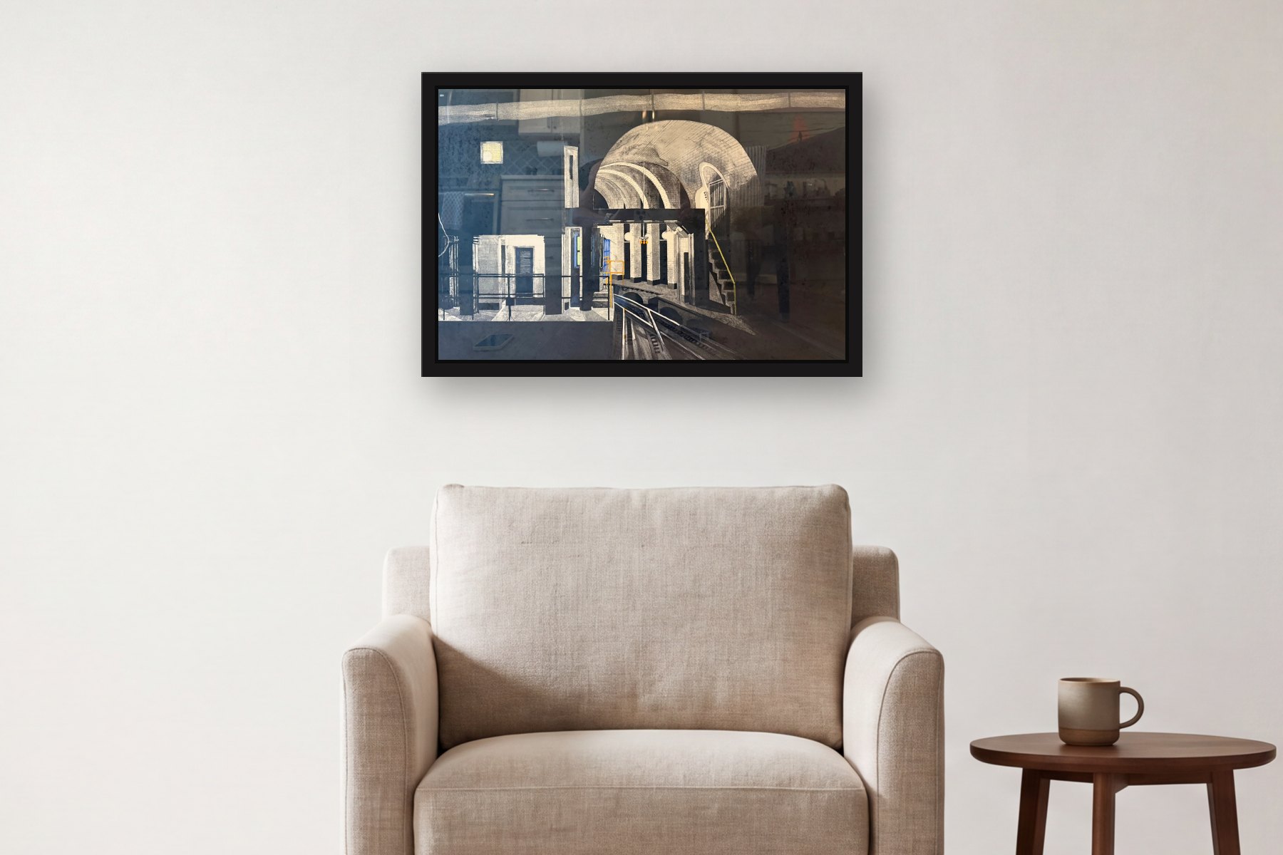 Deep Station: A View from the Tracks by Donna Dennis, hanging above an armchair