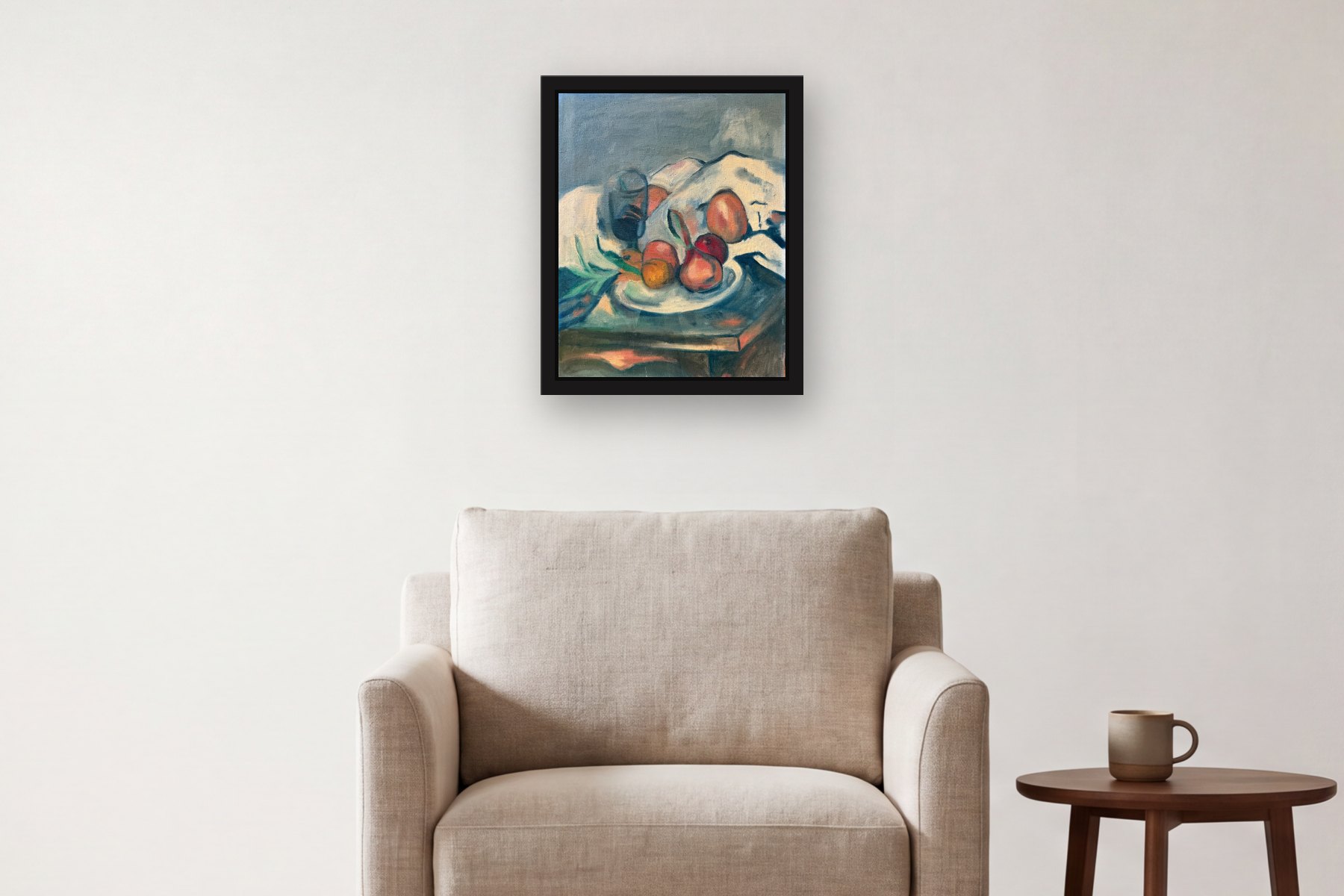Fruit Bowl by Artist not recorded, hanging above an armchair